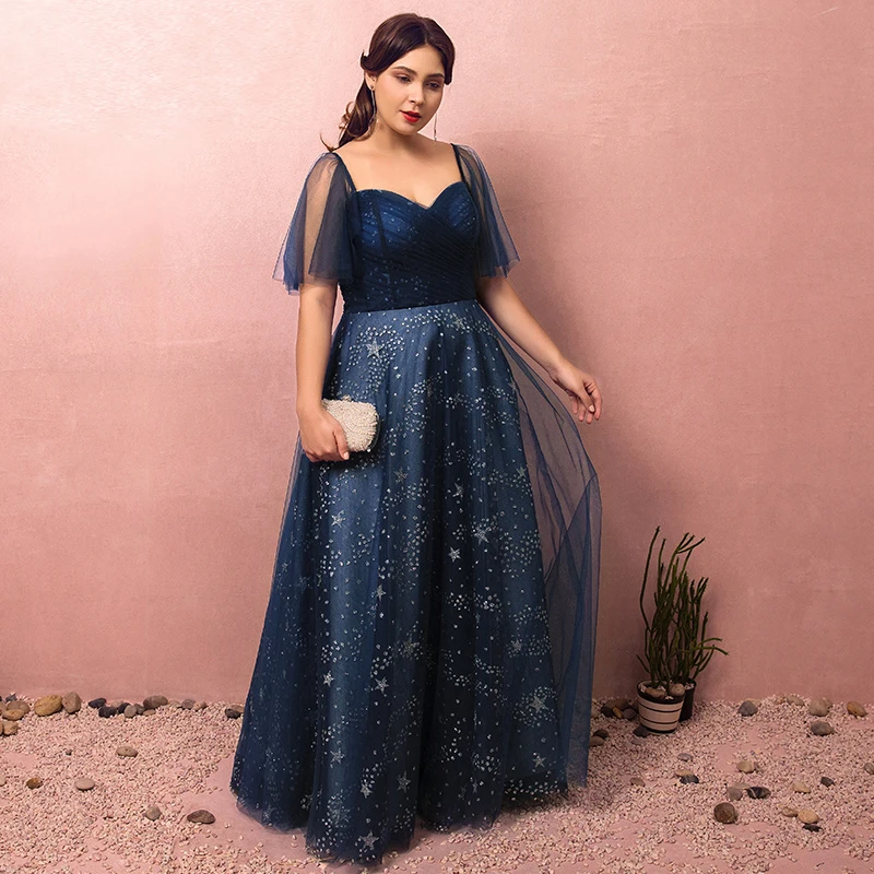 Фото Платье для выпускного вечера больших размеров темно-синее элегантное Тюлевое