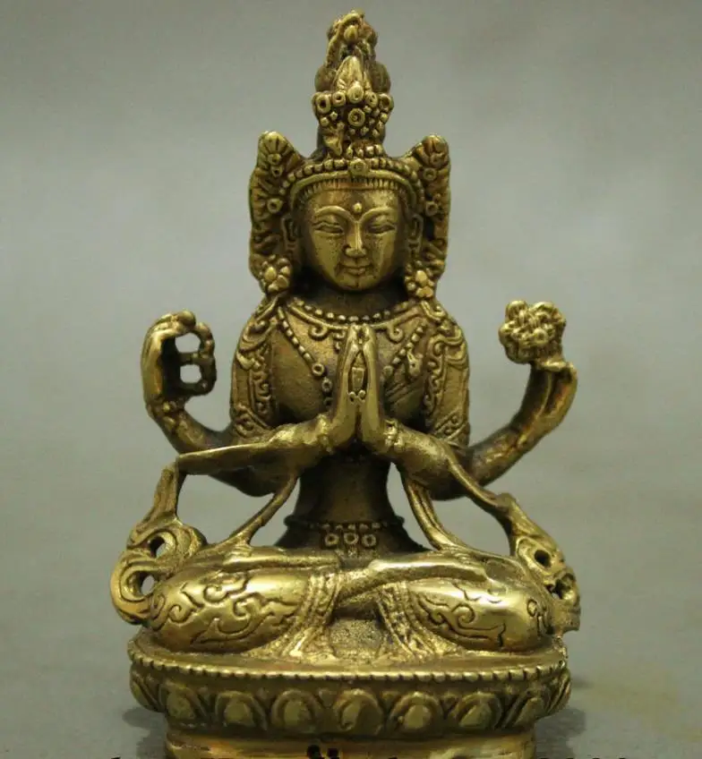 wang671115588+++Folk China Tibet Tibetan Brass Buddhism Kwan-Yin 4 Arms Chenrezig Buddha Statue