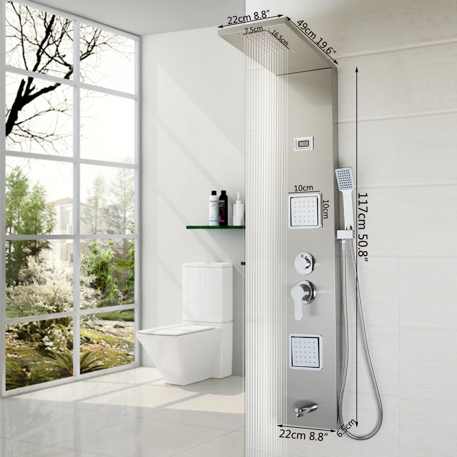 Description Picture 3 of itemTorayvino Bathroom Stainless Steel Shower Column Wall Mounted Pannel +Handshower+Tub Spout+Massage System Shower Screen
