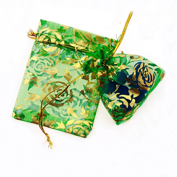 

17*23cm 100pcs Green Golden Rose Gift Bags For Jewelry/wedding/christmas/birthday Yarn Bag With Handles Packaging Organza Bags