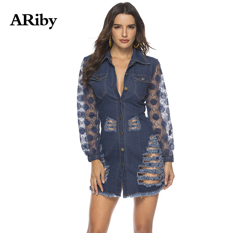 women dress summer dress 2019 New Sexy & Club Lace Stitching Hollow Dot Full Sleeve Tight Hole Jeans Turn-down Collar Mini Dress
women dress summer dress 2019 New Sexy & Club Lace Stitching Hollow Dot Full Sleeve Tight Hole Jeans Turn-down Collar Mini Dress