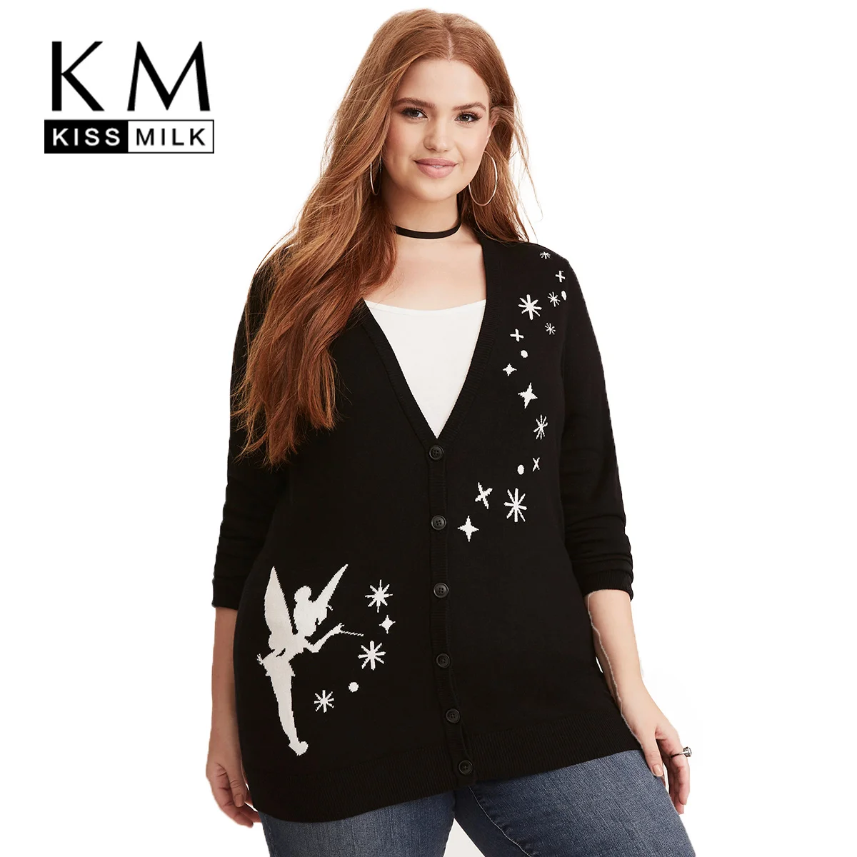 kissmilk 2020 Plus Size Women Sweaters Floral Appliques V-Neck Long Sleeve Female Cardigans Solid Black Lady Big |