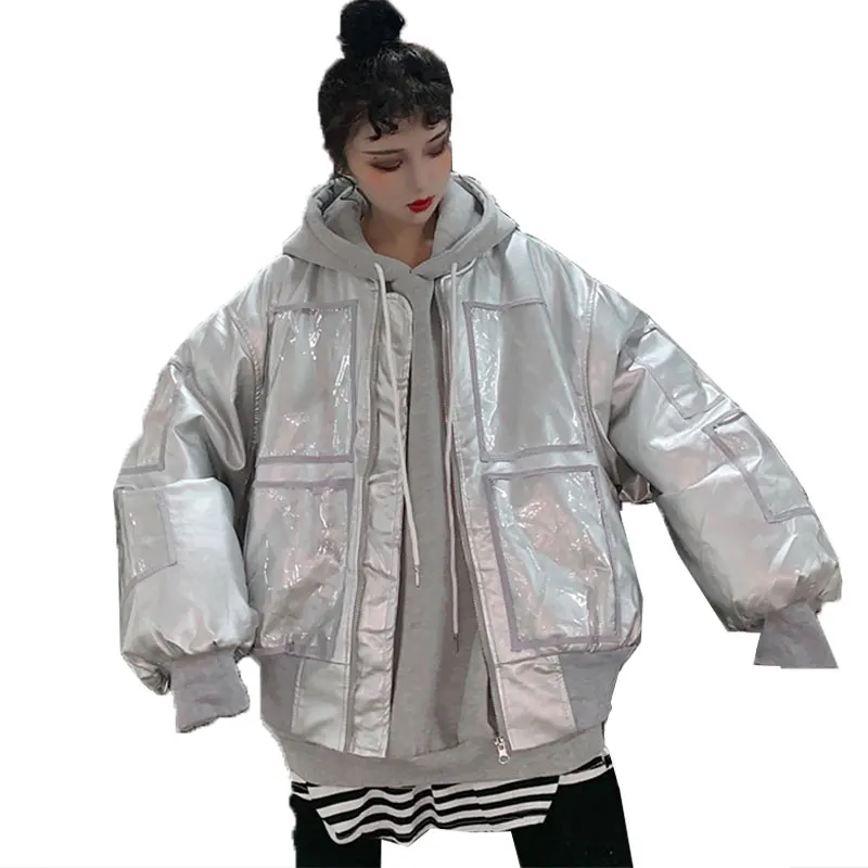 Silver Patent leather Jacket Spring autumn Jacket Coat Women Long Sleeve Round neck Jacket Transparent pocket Oversized Outwear
Silver Patent leather Jacket Spring autumn Jacket Coat Women Long Sleeve Round neck Jacket Transparent pocket Oversized Outwear