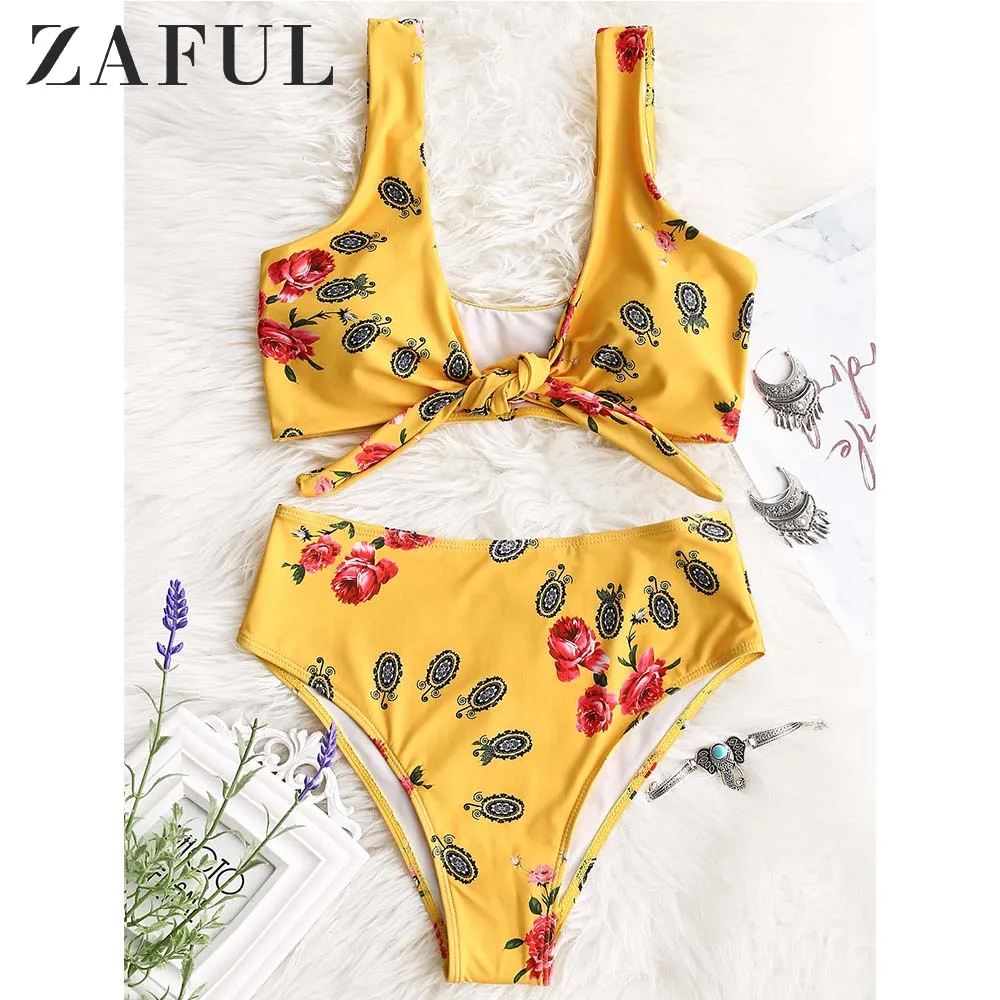 

ZAFUL Bikini High Cut Printed Knotted Bikini High Waisted Bathing Vintage Swim Suit Women Plunging Neck Padded Swimwear Biquini
