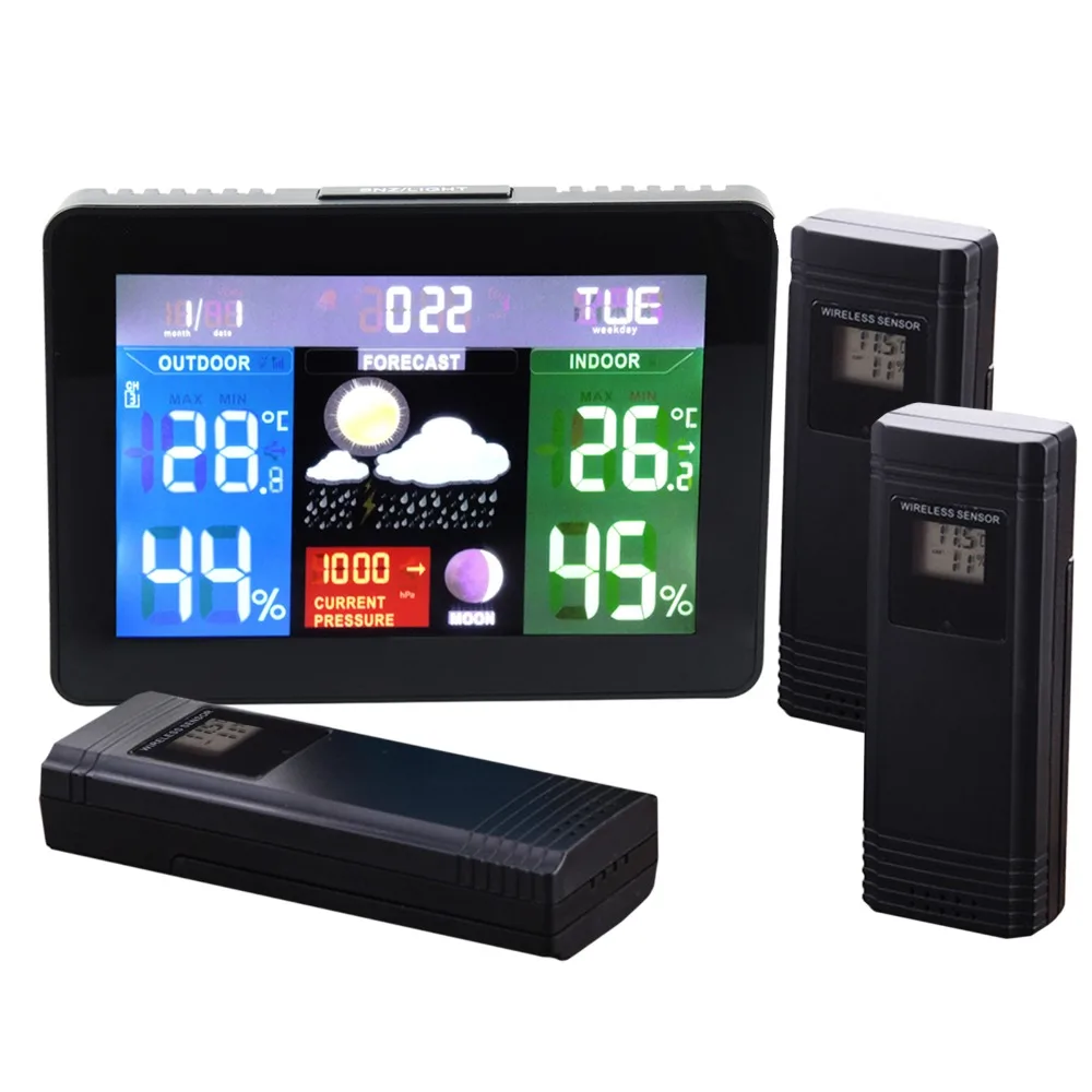 3 Wireless Sensors Weather Station, Color Display Radio Controlled Clock, Barometer RH% Temperature Moon Phase 5 Forecast
3 Wireless Sensors Weather Station, Color Display Radio Controlled Clock, Barometer RH% Temperature Moon Phase 5 Forecast