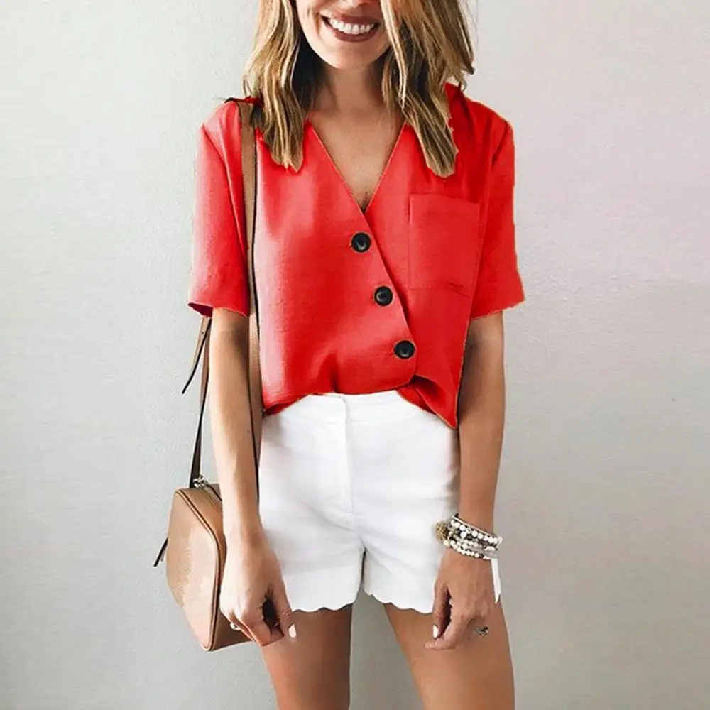 2019 Female Blouse Fashion Womens Button V-neck Short Sleeve Blouse Causal Top Solid Shirt Harajuku Casual Blouse for Summer
2019 Female Blouse Fashion Womens Button V-neck Short Sleeve Blouse Causal Top Solid Shirt Harajuku Casual Blouse for Summer
