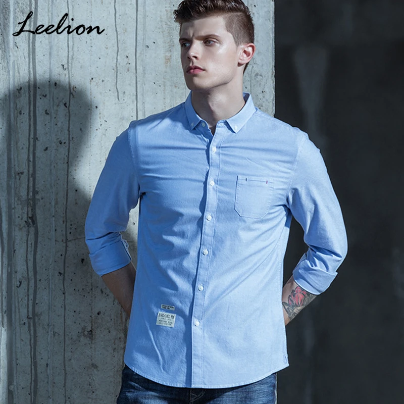 Leelion 2018 Весна рубашка с длинными рукавами Для мужчин 100% хлопок Slim Fit Solid Рубашки