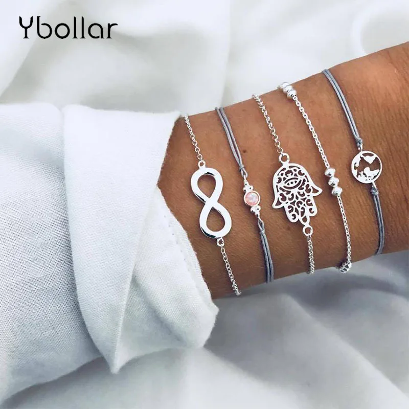 5pcs/Set Simple Bohemian Silver Chain Waxed Leather Bracelet Set Map Palm Bead Gem Female Women Multilayer Bracelet Jewelry
5pcs/Set Simple Bohemian Silver Chain Waxed Leather Bracelet Set Map Palm Bead Gem Female Women Multilayer Bracelet Jewelry