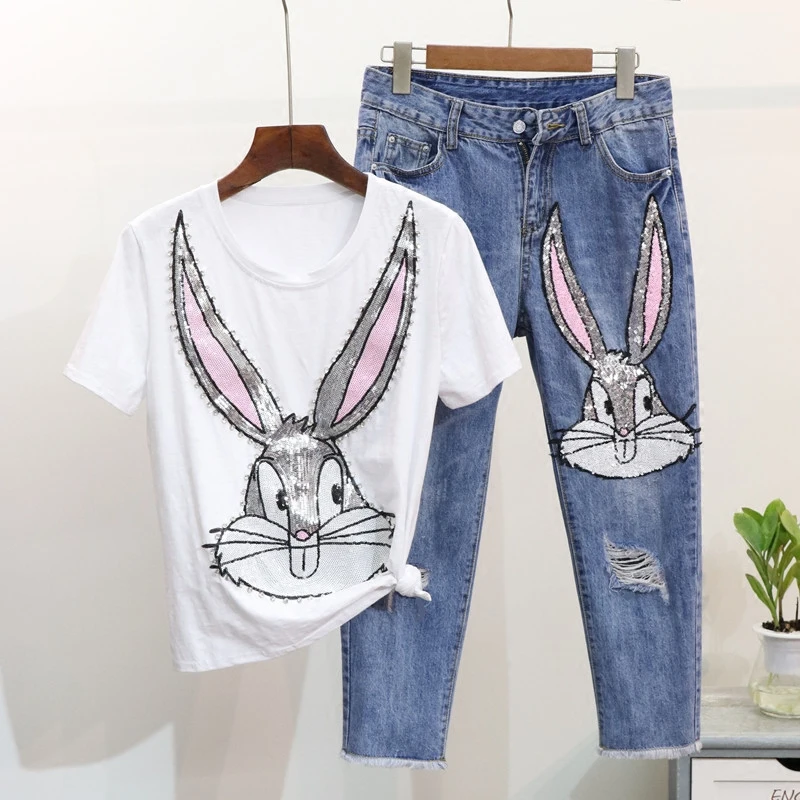 Женская футболка с блестками ALPHALMODA в европейском стиле мультяшным кроликом и