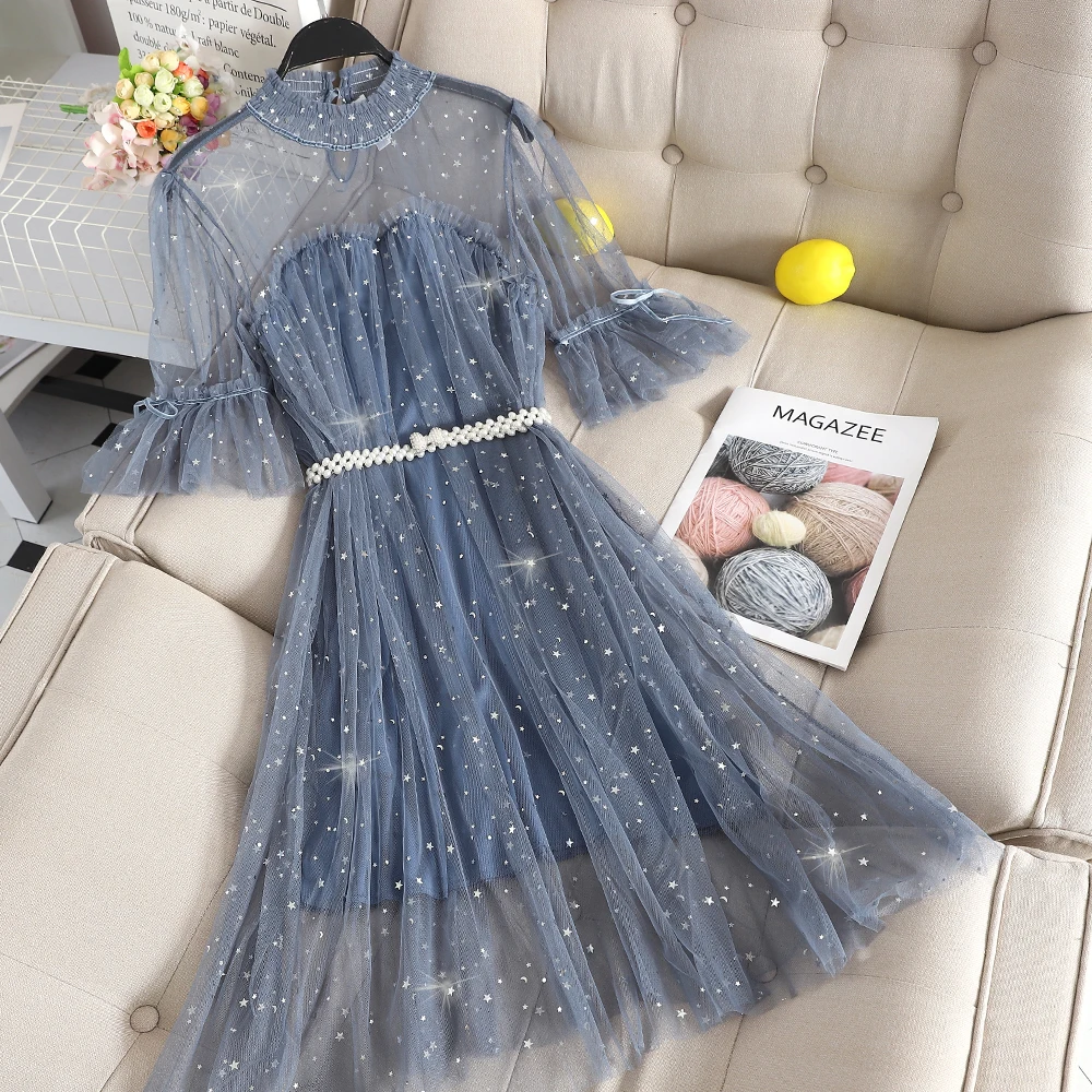Women Flare Sleeve Pearl Bead Sashes Belt Pleated Ruffles Dress Silver Bling Sequined Elastic Slim Mesh Gauze Tulle Midi Dresses
Women Flare Sleeve Pearl Bead Sashes Belt Pleated Ruffles Dress Silver Bling Sequined Elastic Slim Mesh Gauze Tulle Midi Dresses