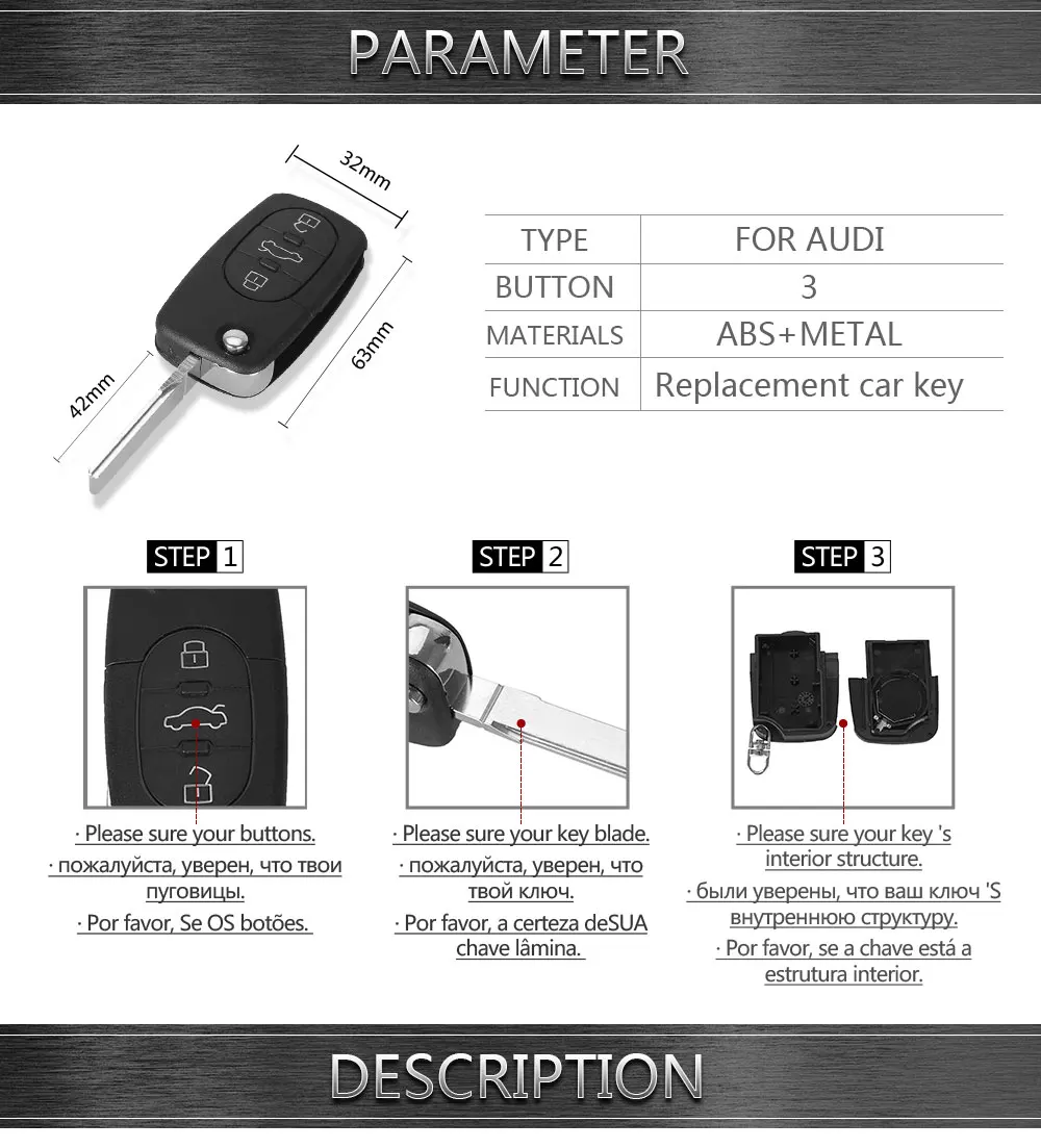 case chiave telecomando 3 Tasti per Audi A2 A3 A4 A6 A8 TT CR2032 -