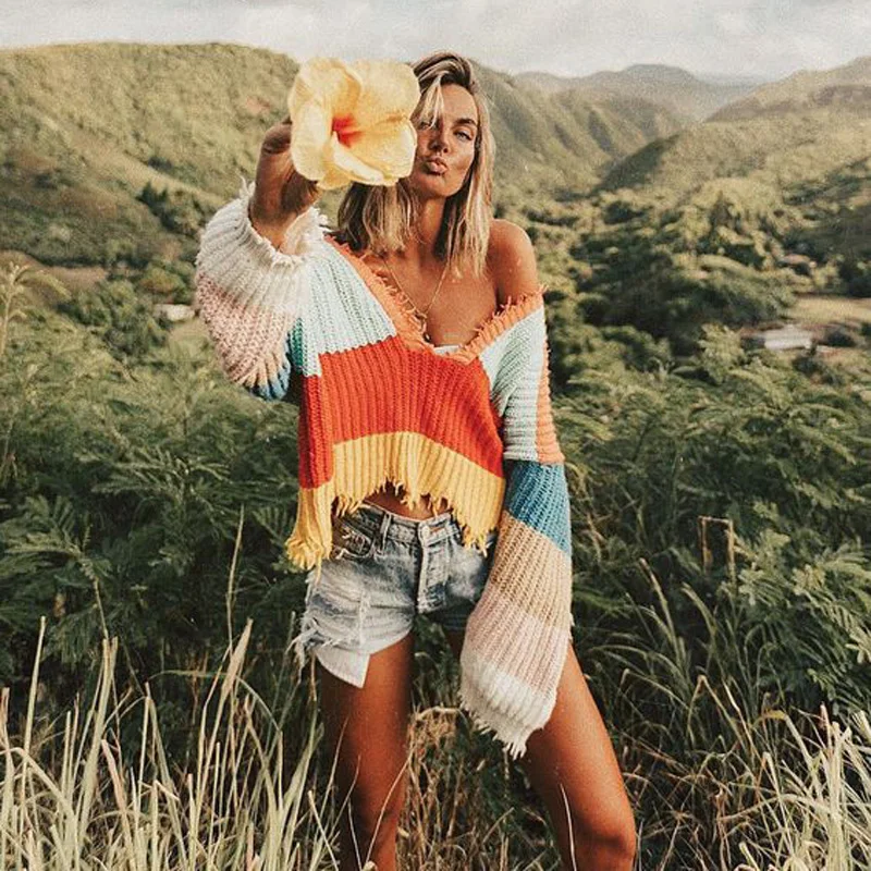 Bellflower Sweaters Girls V-collar Striped Short Pullover Sweater Fashion Women's Tassel Loose Sweater Irregular Knitted Sweater
Bellflower Sweaters Girls V-collar Striped Short Pullover Sweater Fashion Women's Tassel Loose Sweater Irregular Knitted Sweater