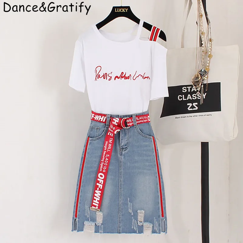 2019 New Summer Fashion Women's Chic Sets Letter Embroidery Short Sleeve Cotton Tshirt + Hole Denim Skirts Students 2 Piece Suit
2019 New Summer Fashion Women's Chic Sets Letter Embroidery Short Sleeve Cotton Tshirt + Hole Denim Skirts Students 2 Piece Suit