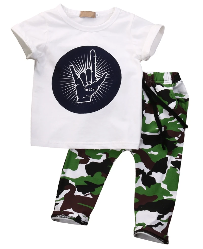 Stylish Infant Toddler Baby Kids Boys Outfits Babies Boy Rock Gesture Tops T-shirt +Camouflage Pants Outfit Set Clothes
Stylish Infant Toddler Baby Kids Boys Outfits Babies Boy Rock Gesture Tops T-shirt +Camouflage Pants Outfit Set Clothes