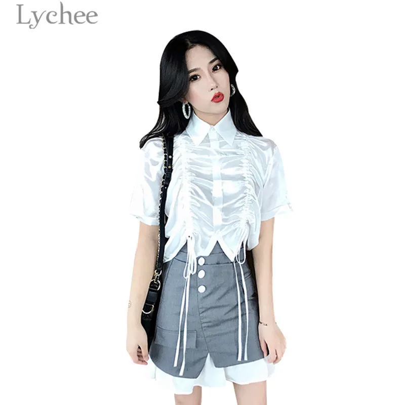 Lychee Harajuku Irregular Lace Up Satin Blouse Short Sleeve Summer Autumn Drawstring Women Shirt Turn Down Collar Blouse Female
Lychee Harajuku Irregular Lace Up Satin Blouse Short Sleeve Summer Autumn Drawstring Women Shirt Turn Down Collar Blouse Female