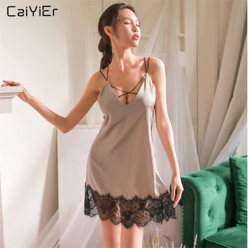 Caiyier Lace Nightgown Sexy Backless Silk Satin Nightdress Summer Mini Night Dress Thong Black V-Neck Sleepwear Ladie Homewear
Caiyier Lace Nightgown Sexy Backless Silk Satin Nightdress Summer Mini Night Dress Thong Black V-Neck Sleepwear Ladie Homewear