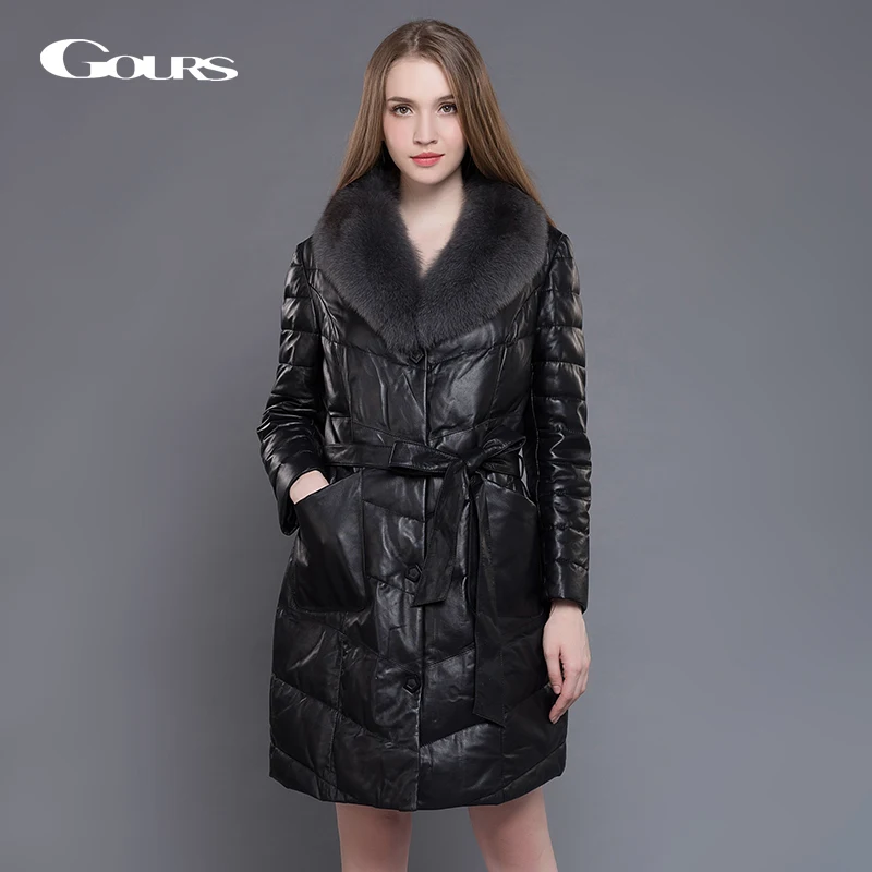 Gours Women's Genuine Leather Duck Down Coat Winter Warm Black Sheepskin Long Overcoats Parka with Fox Fur Collar Plus Size 5XL 
Gours Women's Genuine Leather Duck Down Coat Winter Warm Black Sheepskin Long Overcoats Parka with Fox Fur Collar Plus Size 5XL
