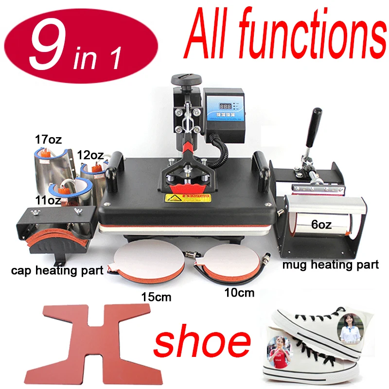 Factory 9 in 1 Combo Heat Press Machine Sublimation Thernal Heat Tranfer Printer For Mug/Cap/T shirt/shoe/bottle/Phone case/Rock
Factory 9 in 1 Combo Heat Press Machine Sublimation Thernal Heat Tranfer Printer For Mug/Cap/T shirt/shoe/bottle/Phone case/Rock