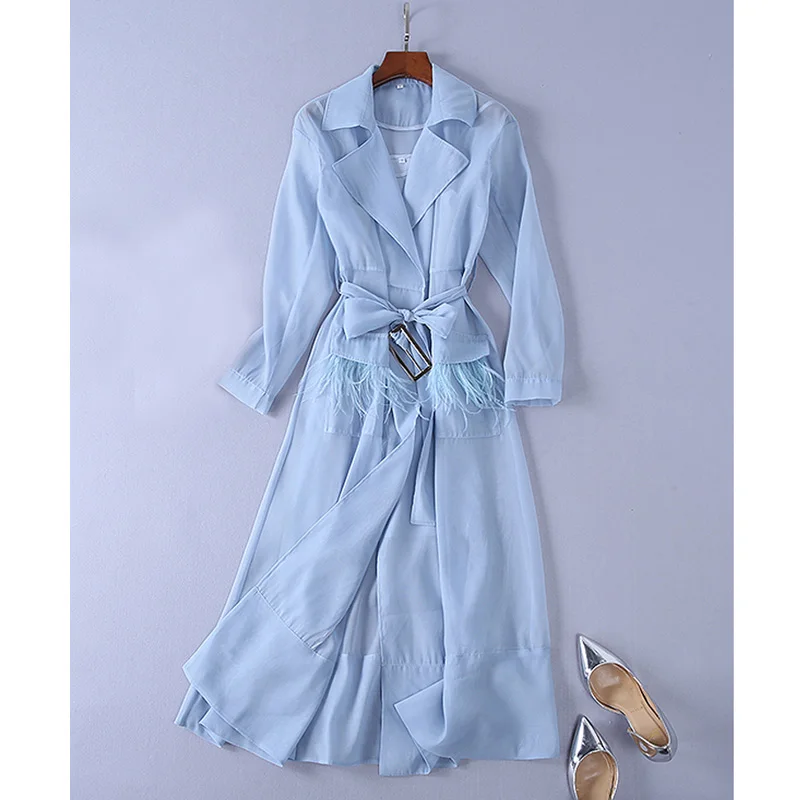 

women summer outfits 2019 solid color white / blue sheer organza women long shirt dress ostrich feather pockets loose long dress