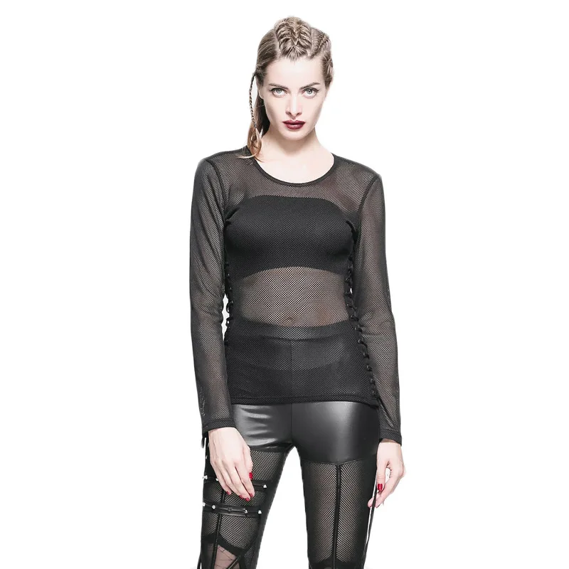 Gothic Men Women Black Mesh T-shirt Punk Net Long Sleeve Tops Transparent T Shirt Autumn Style Plue Size XXL Top TT035 | Женская одежда