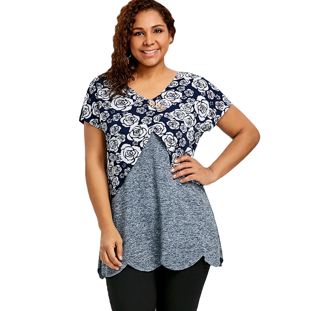 

Rosegal Plus Size T-Shirt Floral Overlay Scalloped Edge T-Shirts Women T Shirts Summer V-Neck Short Sleeve Buttons Tops Tees 5XL