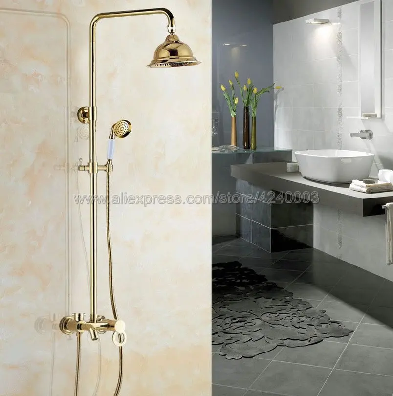 

Luxury Gold Color Brass Bathroom Rain Shower Faucet Set Tub Mixer Tap Hand Shower Wall Mounted Kgf416