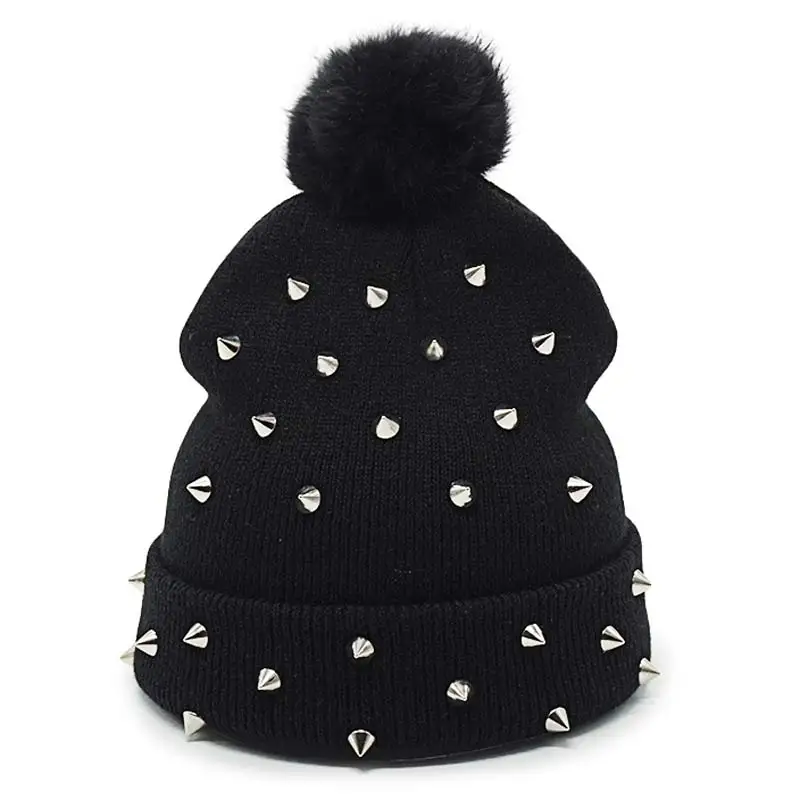 Womens Rivet Winter Pompom Beanies Punk Rock Hip Hop Top Ball Knitted Hat Warm Gorros Black Skullies Caps
Womens Rivet Winter Pompom Beanies Punk Rock Hip Hop Top Ball Knitted Hat Warm Gorros Black Skullies Caps