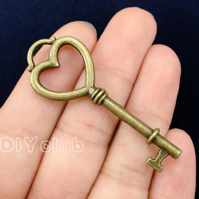 6pcs-античная бронза/Серебряное сердце скелет ключ Шарм Подвеска 2 стороны 55x20мм |