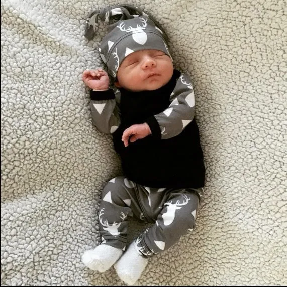 2019 Hot selling baby clothing set Autumn Deer Printing Long-sleeved Top+Pants+Hat 3pcs Newborn Toddler Baby Boys Girls Clothes
2019 Hot selling baby clothing set Autumn Deer Printing Long-sleeved Top+Pants+Hat 3pcs Newborn Toddler Baby Boys Girls Clothes