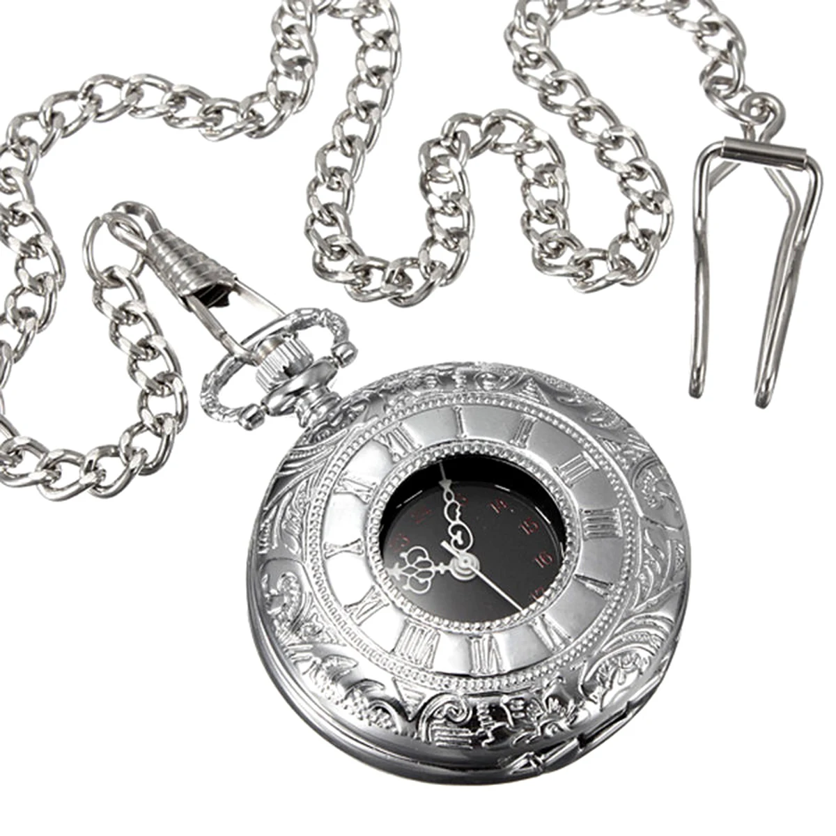 Shellhard New Arrival Vintage Hollow Silver Pendant Fob Pocket Watch Roman Numerals Black Dial Quartz Pocket Watch For Men Women