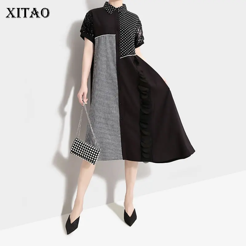 XITAO Sequined Striped Midi Dress 2019 Summer Turn Down Collar Patchwork Irregular Ruffle Temperament Wild Joker New Q1435 | Женская