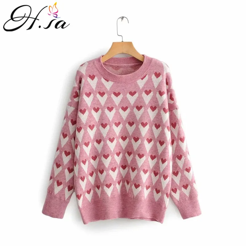 H.SA Women Winter Sweater Pullovers Long Sleeve Oneck Heart Print Pink Yellow Jumpers Harajuku winter clothes women Knit Pull
H.SA Women Winter Sweater Pullovers Long Sleeve Oneck Heart Print Pink Yellow Jumpers Harajuku winter clothes women Knit Pull