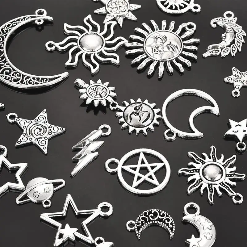 23pcs/Lot Sun Moon Star Mixed Alloy Antique Silver Charms Pendants For Bracelet Necklace Earrings DIY Jewelry Findings Component
23pcs/Lot Sun Moon Star Mixed Alloy Antique Silver Charms Pendants For Bracelet Necklace Earrings DIY Jewelry Findings Component