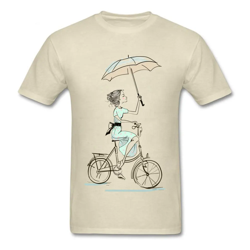 umbrellas girl riding a bicycle Fitted Men T Shirts Crewneck Short Sleeve All Cotton Tops & Tees Fitness Tight Tees umbrellas girl riding a bicycle beige