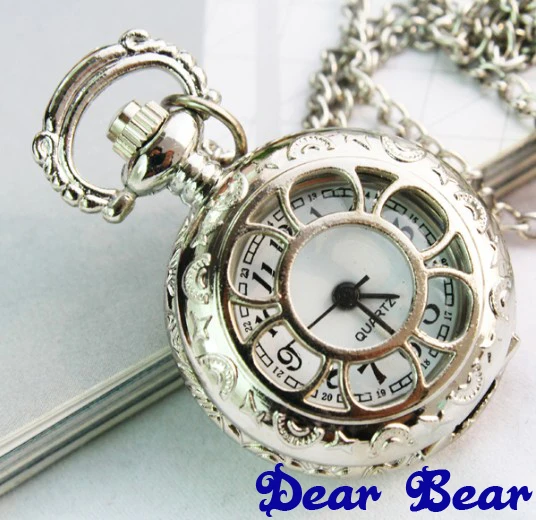 (3009 S) Викторианский стиль Серебряный цветок карманные часы ожерелье диаметр 2 7