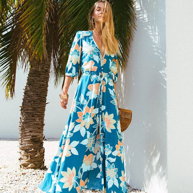 Bohemian fashion print dress V-neck waist beach holiday long dress in the sleeves with Maxi dress women's dress
Bohemian fashion print dress V-neck waist beach holiday long dress in the sleeves with Maxi dress women's dress