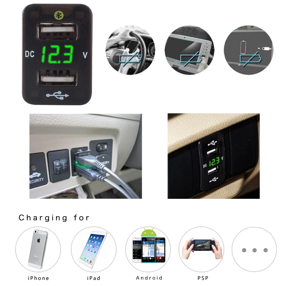 3.1A Dual USB Car Charger Adapter DC 12-24V Auto Cigarette Lighter for iOS/ Android with Bluethooth Voltage Display for Toyota
3.1A Dual USB Car Charger Adapter DC 12-24V Auto Cigarette Lighter for iOS/ Android with Bluethooth Voltage Display for Toyota