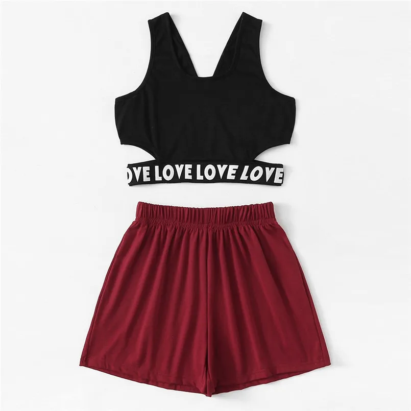 Spring Summer Casual Smmer Letter Sleeveless Summer O-Neck Top And Mini Shorts Set Casual Suit Conjuntos De Mujer 40MA22 (2)