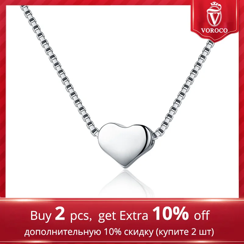 VOROCO Authentic 925 Sterling Silver Minimalist Simple Heart Slide Pendants Necklace For Women Wedding Fine Jewelry VSN031