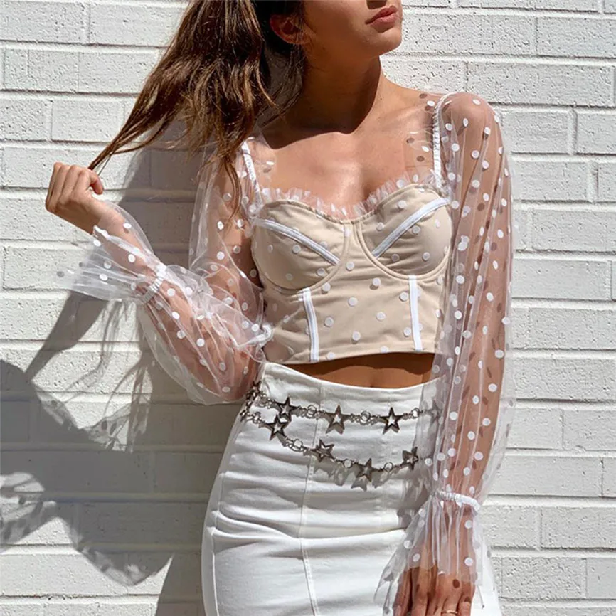 2019 Summer Sexy Fashion Women Casual Dots Long Sleeve Mesh Perspective Tops Tee Loose Single-breasted Shirts Lace Hollow Collar
2019 Summer Sexy Fashion Women Casual Dots Long Sleeve Mesh Perspective Tops Tee Loose Single-breasted Shirts Lace Hollow Collar