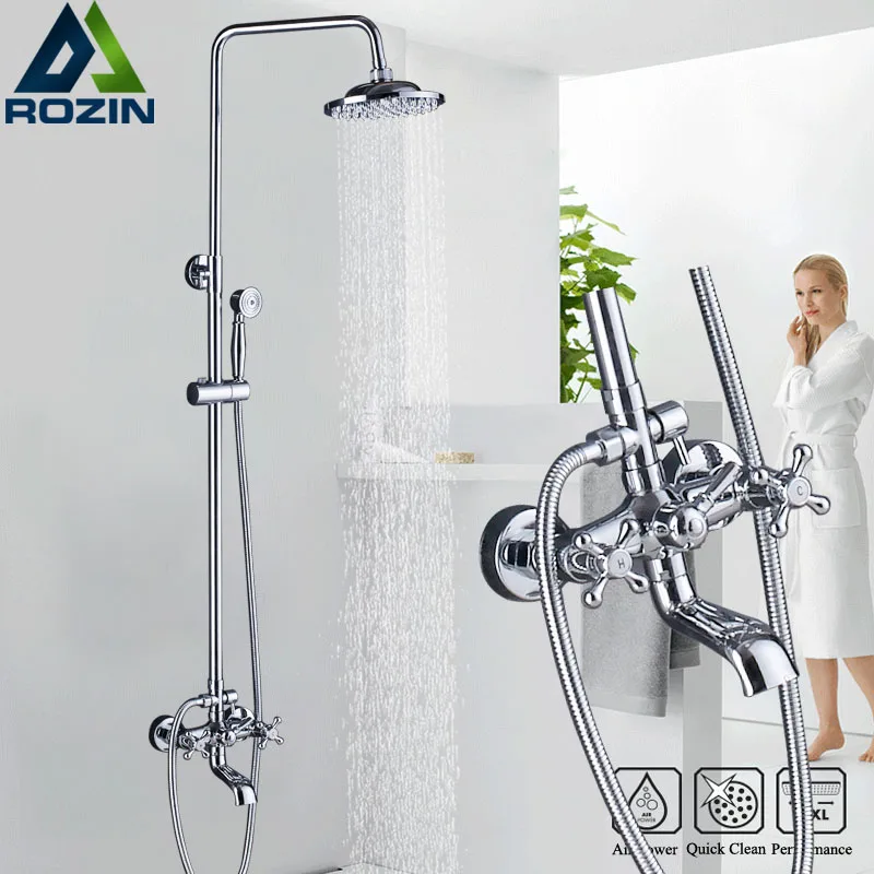 

Bathroom Shower Faucet Dual Handle Rainfall 8 " Showerhead Chrome Wall Mounted Bath Shower Kit with Handshower Swive Tub Spout