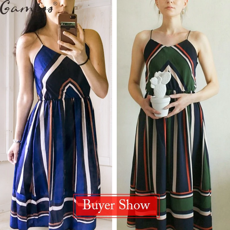   Multi Striped High Waist Spaghetti Strap Midi Dress