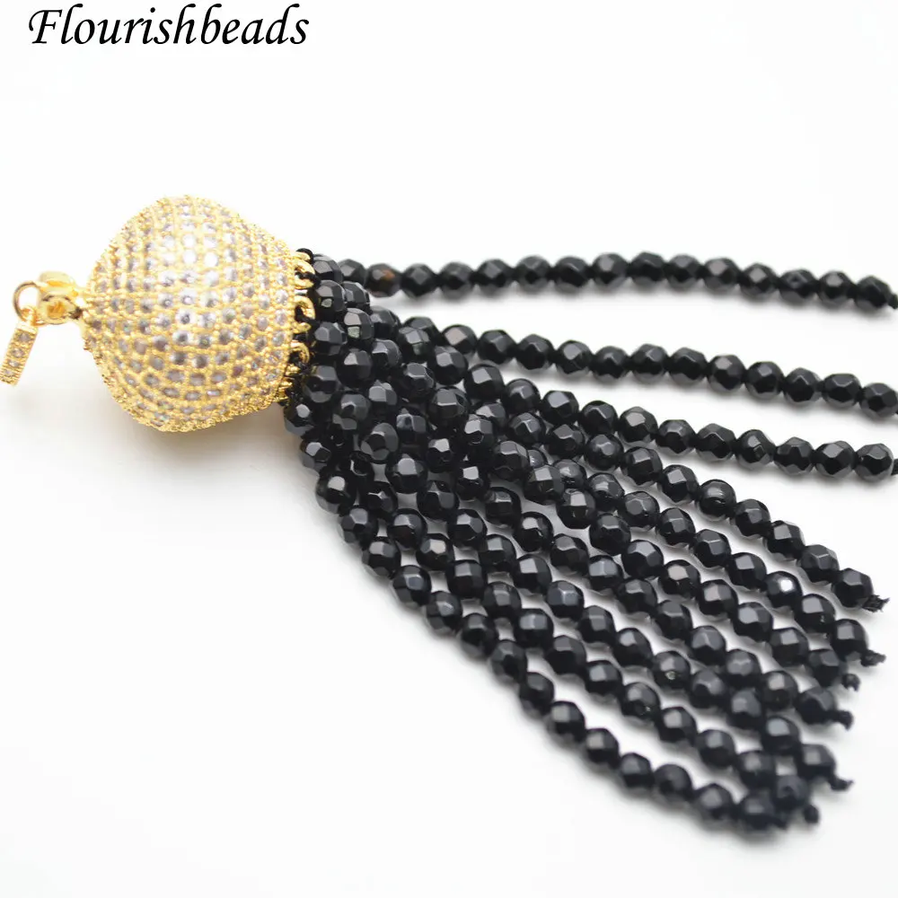 Paved CZ Beads Crown Metal Cap 3mm Faceted Black Onyx Agate Stone Round Tasssel Pendant Fit Fashion Necklace Making | Украшения и