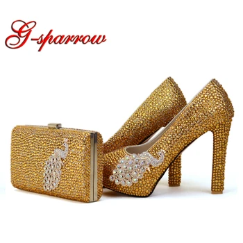2018 Newest Designer Unique Phoenix Decoration Gold Rhinestine Shoes With Matching Bag Party Proms Bridal Wedding High Heels 
2018 Newest Designer Unique Phoenix Decoration Gold Rhinestine Shoes With Matching Bag Party Proms Bridal Wedding High Heels