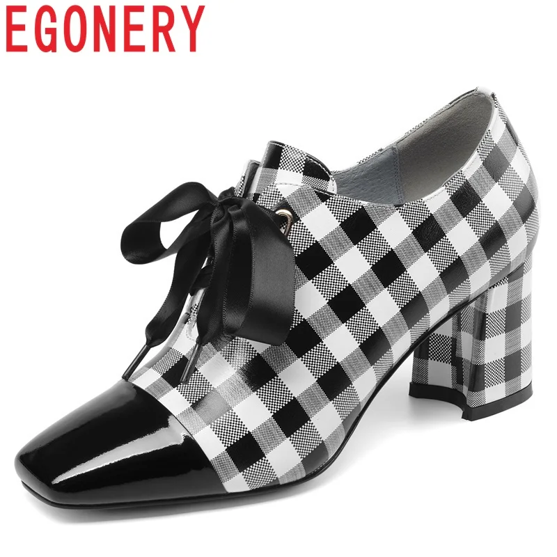 

EGONERY shoes women spring newest fashion square toe genuine leather plaid women pumps cross-tied outside high hoof heels shoes