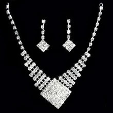 Bridal White Crystal Square Pendant Necklace Earrings Cocktail jewelry set Bridal White Crystal Square Pendant Necklace Earrings Cocktail jewelry set
