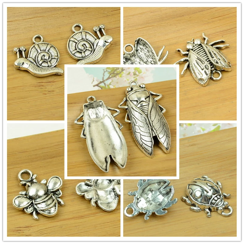 

bee/ladybug/snail/fly/cicada insect alloy animal pendant antique silver charms jewelry DIY accessories fingdings free shipping