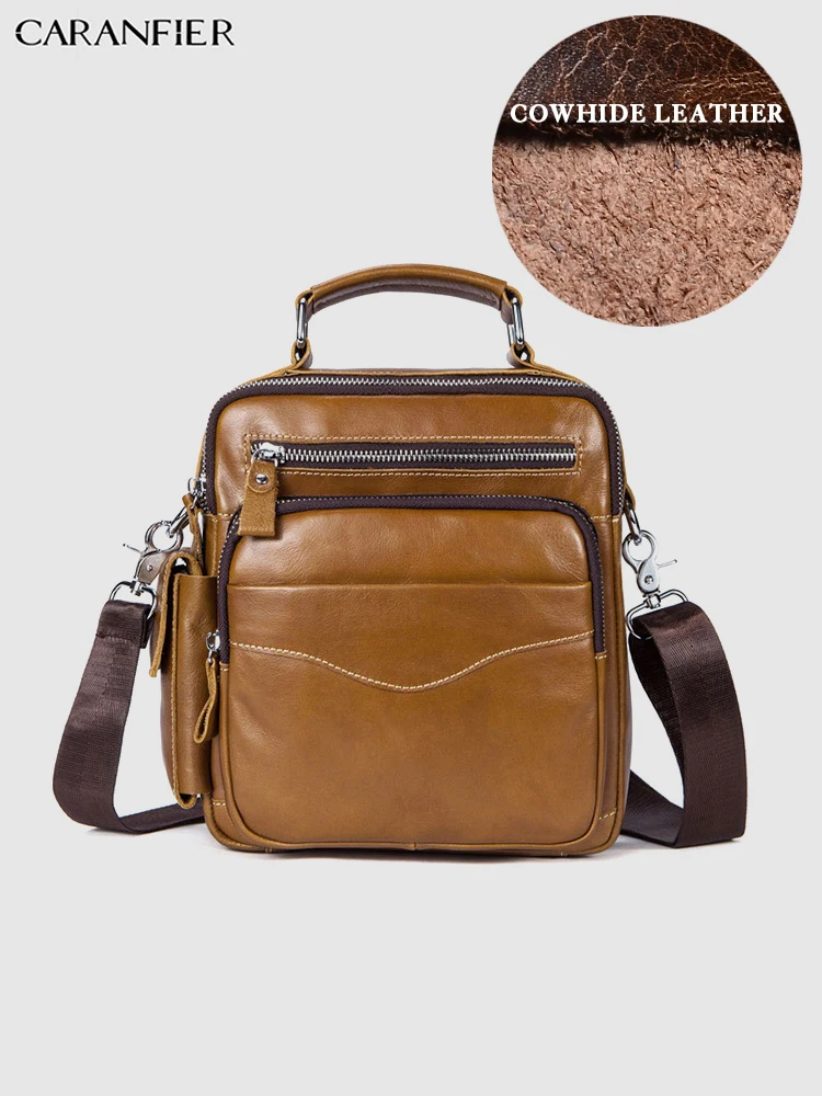 

CARANFIER Mens Suitcases Travel Bag Genuine Cowhide Leather Shoulder Crossbody Bags Male Casual Small Backpack Business Handbags