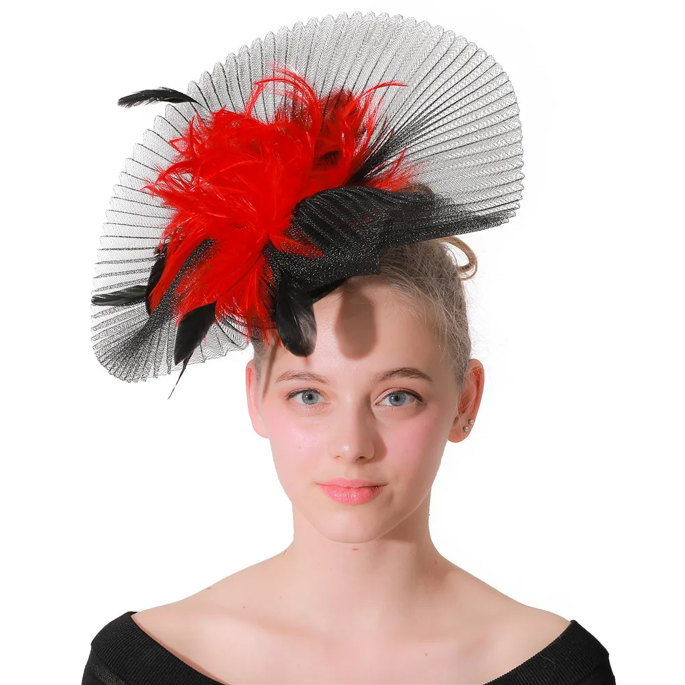 

Fascinators wedding hat feather New Enchanting black red hair accessories bridal mesh headdress for kenducky party headwear