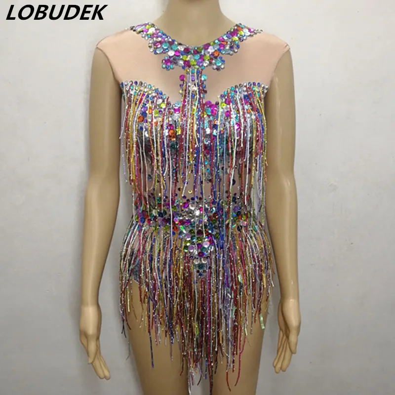 Sexy Sleeveless Colorful Tassels Crystals Bodysuit Nightclub Bar DJ Singer Dance Costume Dance Team Jazz Performance Stage Wear
Sexy Sleeveless Colorful Tassels Crystals Bodysuit Nightclub Bar DJ Singer Dance Costume Dance Team Jazz Performance Stage Wear